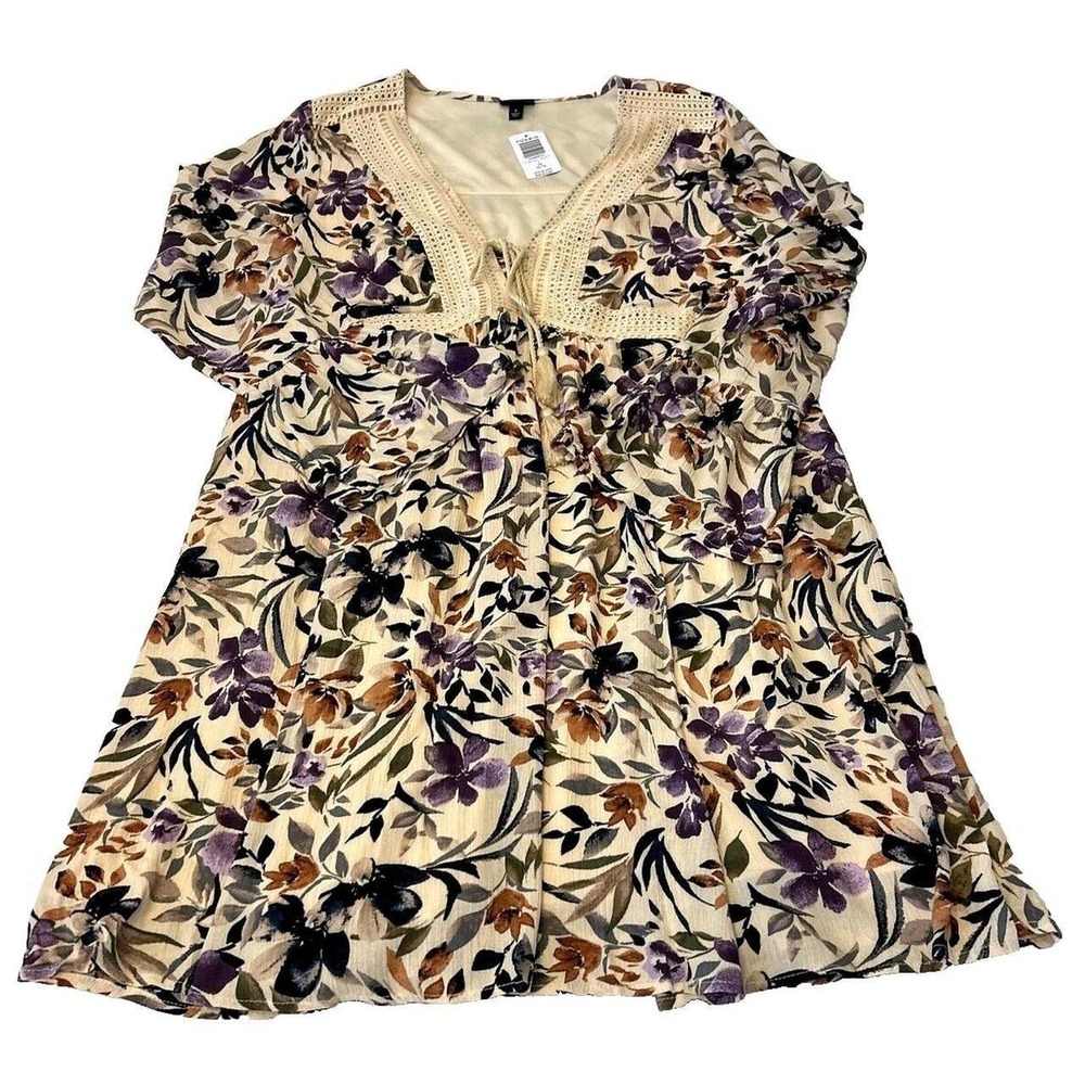 Torrid Floral Lace Up Gauze Dress Sand Purple Bell Sleeve Boho 1X 14-16 NEW